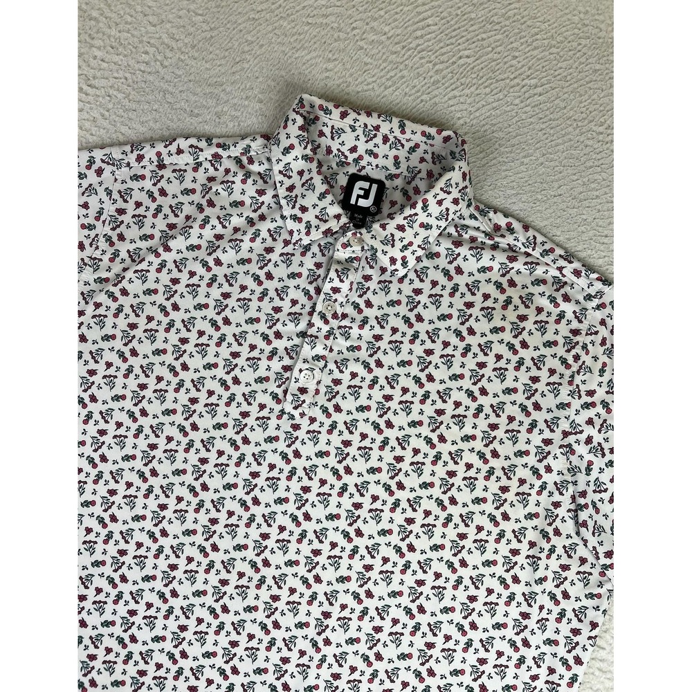 FootJoy Polo Shirt Mens XL White Floral Print Golf Performance Stretch Knit